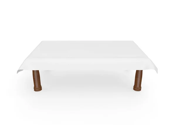 Une table rectangulaire en bois avec une nappe blanche. Il y a de la place pour votre design. Fond blanc isolé — Photo