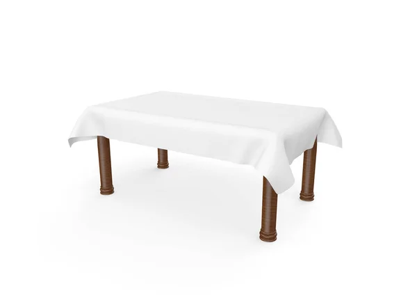 Tavolo rettangolare in legno con tovaglia bianca. C'è spazio per il tuo design. Isolato sfondo bianco — Foto Stock