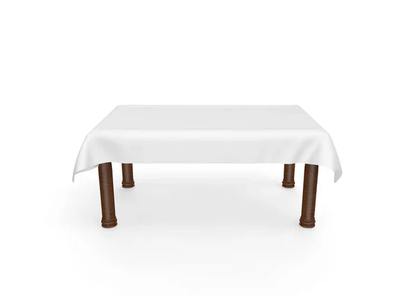 Una mesa rectangular de madera con un mantel blanco. Hay espacio para su diseño. Fondo blanco aislado —  Fotos de Stock