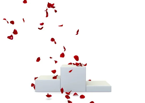 빨간 장미꽃 꽃잎 이 스탠드에 떨어진다. 당신의 디자인을 위한 공간 이 있습니다 — 스톡 사진