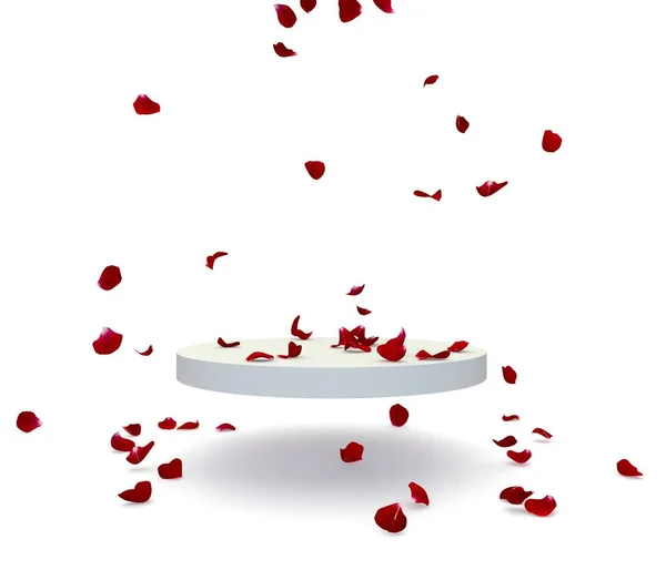 Red rose petals fall on the stand. There is room for your design — Stock Photo, Image