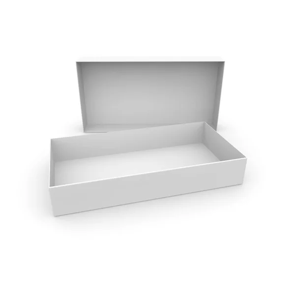 Caixa branca vazia com tampa em fundo isolado branco — Fotografia de Stock