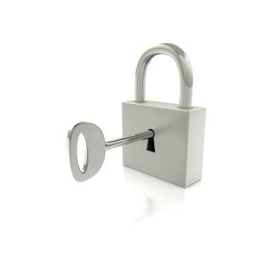 Yansıtıcı zeminde anahtarı olan çelik kilit. Beyaz arkaplanda izole