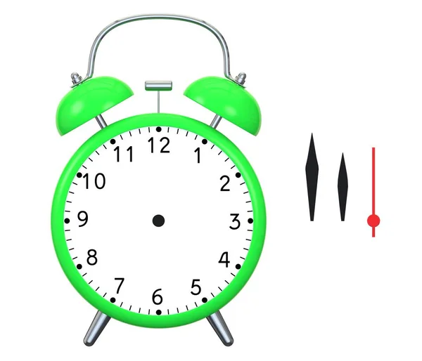 Relógio de alarme verde com sinos. As mãos do despertador localizam-se separadamente, isoladamente - para o uso universal da ilustração. Isolado sobre fundo branco — Fotografia de Stock