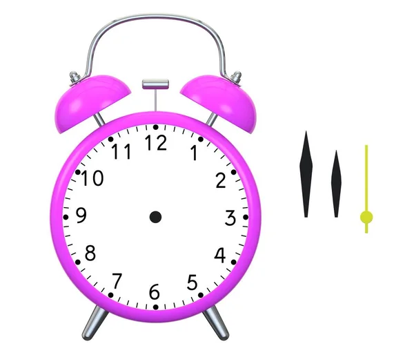 Reloj despertador rosa con campanas. Las agujas del despertador están situadas por separado, de forma aislada, para el uso universal de la ilustración. Aislado sobre fondo blanco — Foto de Stock