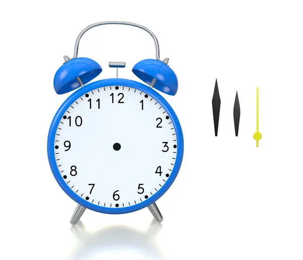 Reloj despertador azul con campanas. Las agujas del despertador están situadas por separado, de forma aislada, para el uso universal de la ilustración. Aislado sobre fondo blanco —  Fotos de Stock
