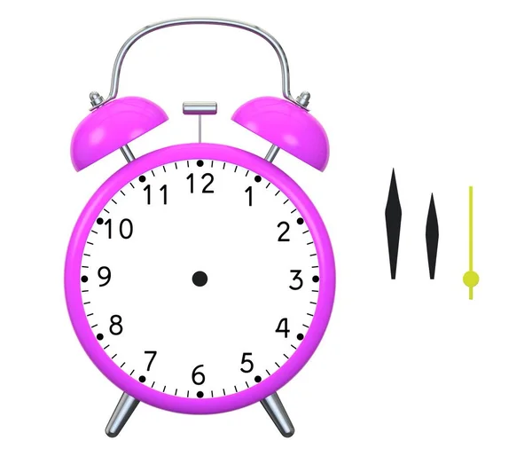 Pink alarm clock with bells. The hands of the alarm clock are located separately, in isolation - for universal use of the illustration. Isolated on white background — Stock Photo, Image