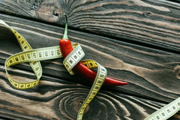 Red Chili Pepper Measuring Tape Wooden Table — Stock Photo, Image