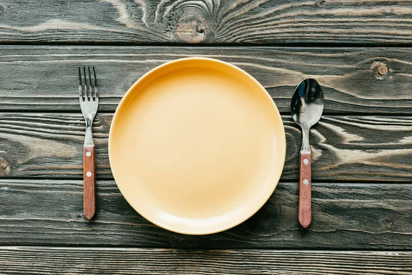 Plate Cutlery Set Wooden Table — Stock Photo, Image