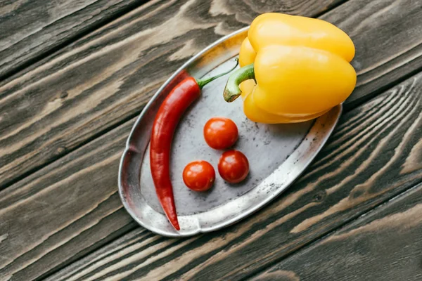 Peppers Cherry Tomatoes Silver Tray Wooden Table — Stock Photo, Image