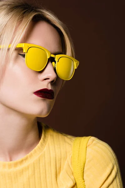 Close Portrait Beautiful Young Blonde Woman Wearing Yellow Sunglasses Isolated — Stock Photo, Image