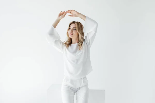 Beautiful Pensive Blond Woman White Clothing Posing Isolated White — Stock Photo, Image