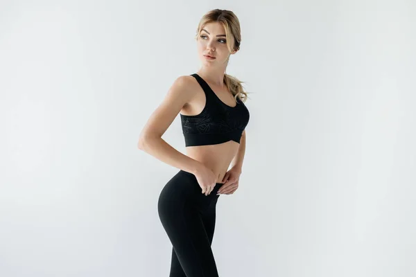Portrait Beautiful Sportswoman Black Sportswear Standing Isolated Grey — Stock Photo, Image