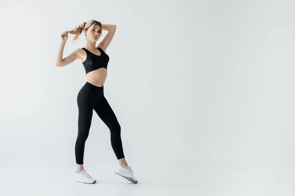 Beautiful Sportswoman Black Sportswear Standing Isolated Grey — Stock Photo, Image