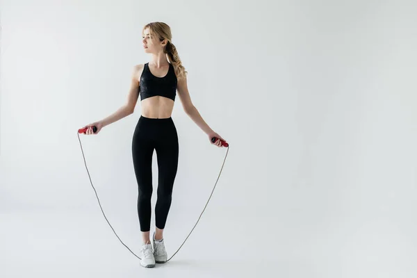 Young Sportive Woman Skipping Rope Isolated Grey — Stock Photo, Image
