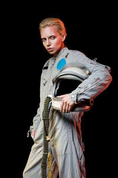 Bela Astronauta Feminina Traje Espacial Com Capacete Isolado Preto — Fotografia de Stock