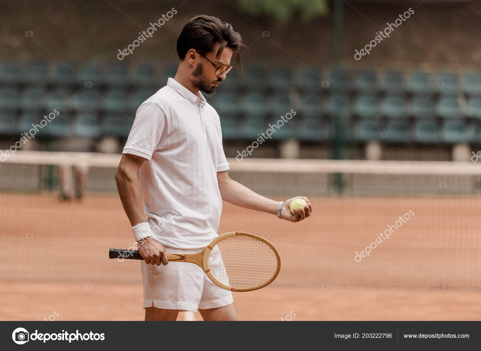 Handsome Retro Styled Tennis Player Standing Tennis Ball Racket Court ...