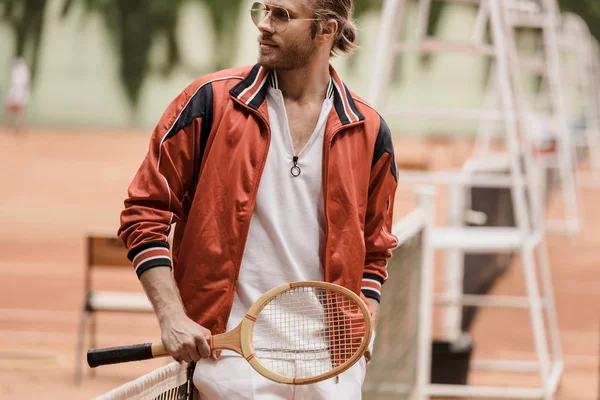 Handsome Retro Styled Tennis Player Standing Tennis Racket Court — Stock Photo, Image