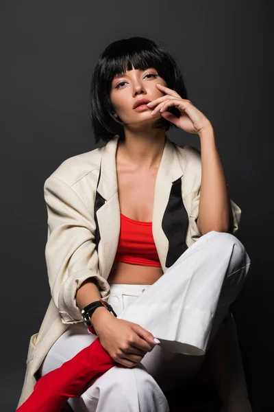 Seductive Young Woman Stylish Jacket Sitting Chair Isolated Grey — Stock Photo, Image