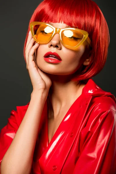 Close Portrait Young Woman Red Latex Jacket Vintage Yellow Eyeglasses — Stock Photo, Image