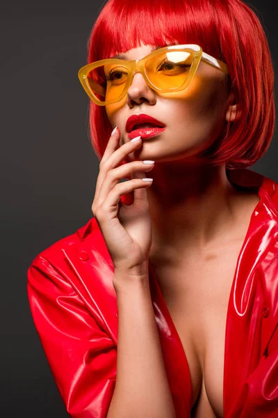 Close Portrait Beautiful Young Woman Red Latex Jacket Bare Skin — Stock Photo, Image