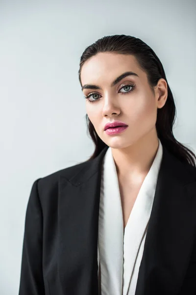 Portrait Beautiful Fashionable Lady Black Jacket Isolated Grey — Stock Photo, Image