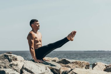 kayalık sahil kol denge yapıyor atletik gömleksiz adam