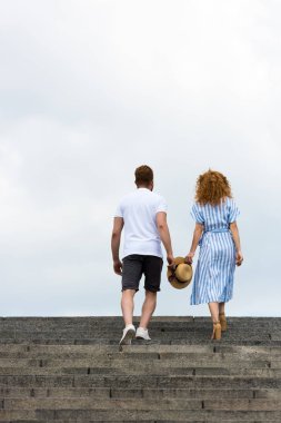 rear view of couple holding straw hat and walking on stairs against cloudy sky clipart