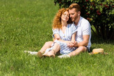 Kız arkadaşı kucaklayan ve çim parkta oturan kızıl saçlı adam 