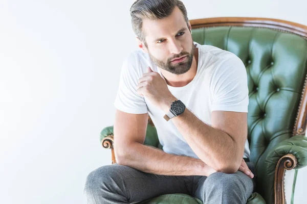 Brunet Handsome Man Sitting Green Armchair Isolated White — Stock Photo, Image