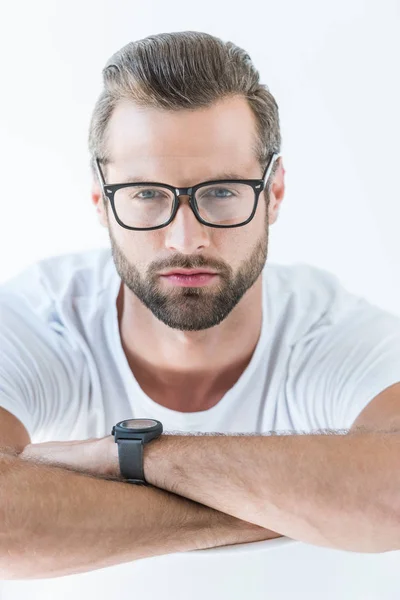 Portrait Bearded Brunet Man Eyeglasses Isolated White — Stock Photo, Image