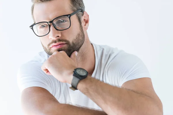 Bonito Pensativo Homem Óculos Isolado Branco — Fotografia de Stock