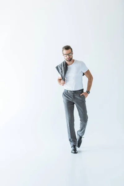 Handsome Stylish Man Posing White Shirt Gray Suit Isolated White — Stock Photo, Image
