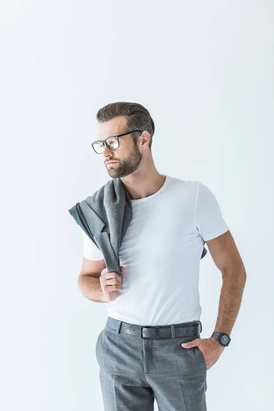 Homem Confiante Elegante Com Jaqueta Cinza Ombro Isolado Branco — Fotografia de Stock