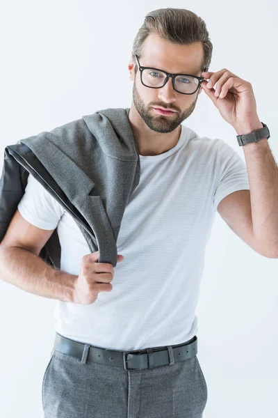 Elegant Stylish Man Posing Jacket Shoulder Isolated White — Stock Photo, Image
