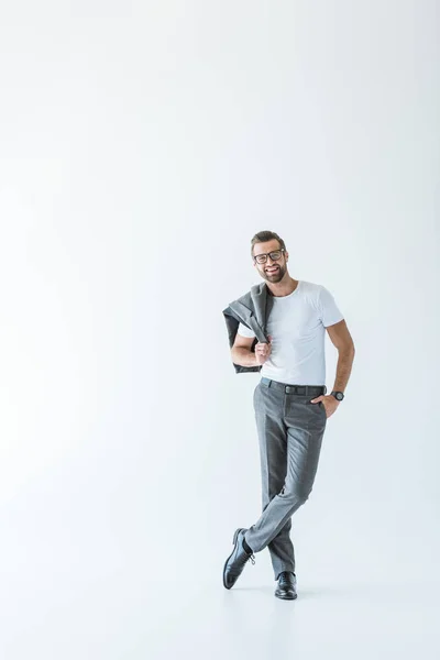 Elegante Sonriente Hombre Posando Traje Gris Aislado Blanco — Foto de Stock