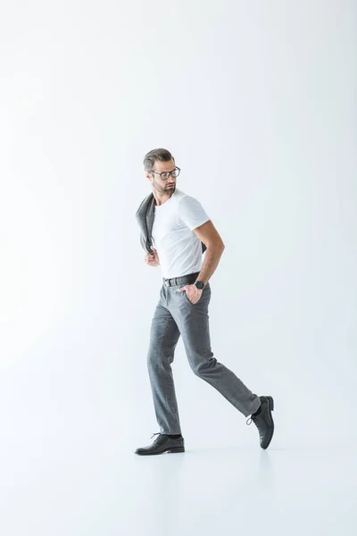 Élégant Homme Élégant Shirt Blanc Costume Gris Isolé Sur Blanc — Photo