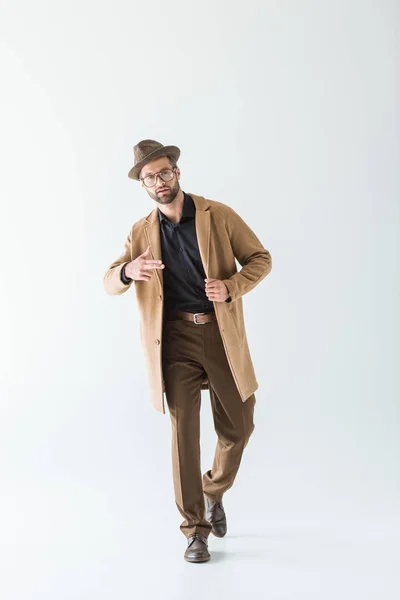 Fashionable Man Posing Brown Autumn Coat Hat Isolated White — Stock Photo, Image
