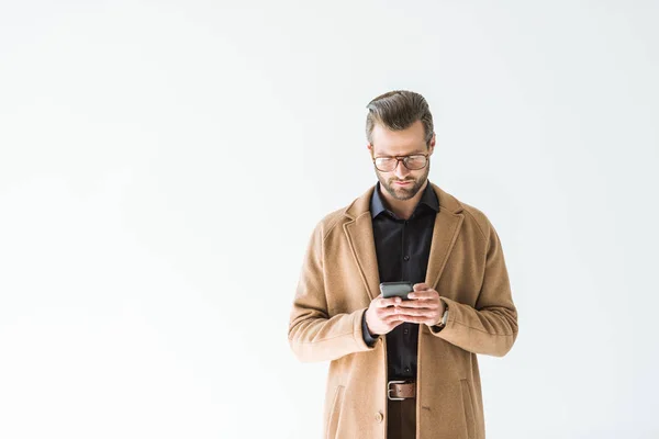 Handsome Man Brown Coat Using Smartphone Isolated White — Free Stock Photo