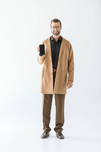 Stylish Man Autumn Outfit Presenting Smartphone Blank Screen Isolated White — Stock Photo, Image