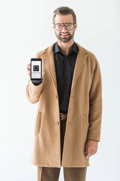 Handsome Smiling Man Presenting Smartphone Uber Appliance Isolated White — Stock Photo, Image