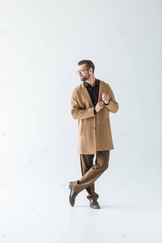 stylish man in brown autumn coat, isolated on white