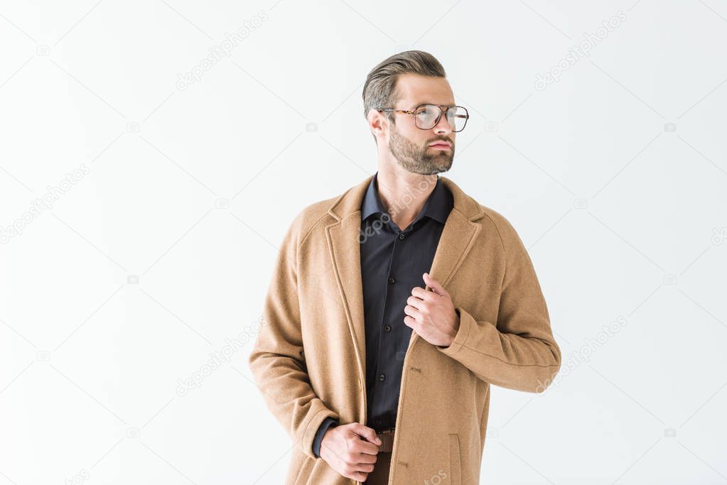 handsome fashionable man in brown coat, isolated on white