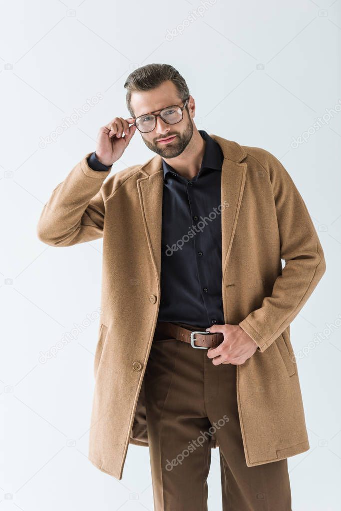 handsome stylish man in trendy eyeglasses, isolated on white