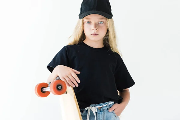 Adorable Child Long Curly Hair Leaning Skateboard Looking Camera Isolated — Stock Photo, Image