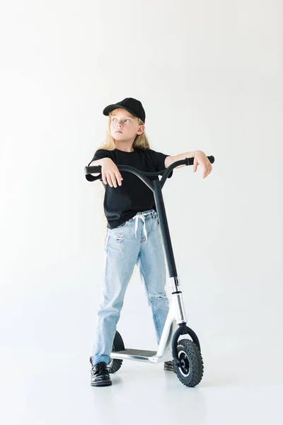 Full Length View Kid Long Curly Hair Standing Scooter Looking — Free Stock Photo