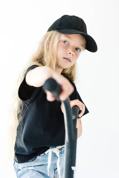 Child Long Curly Hair Riding Scooter Looking Camera Isolated White — Stock Photo, Image