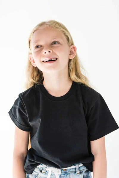 Retrato Adorável Criança Feliz Preto Shirt Rindo Olhando Para Longe — Fotografia de Stock