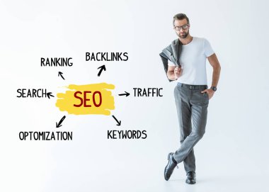 gri takım elbiseli, beyaz Seo planı ile izole poz yakışıklı geliştirici