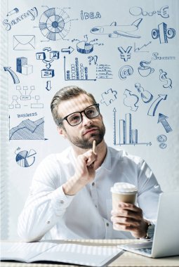 thoughtful developer sitting at workplace with SEO ideas and icons clipart